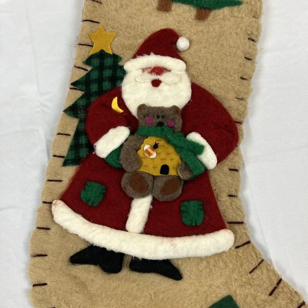 Christmas 23” Stocking Santa Holding A Bear 3D Handmade Holidays Mantel Bee Hive